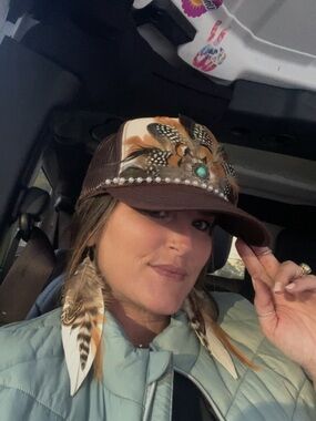 Brown Feather Embellished Trucker Hat - Women Accessories